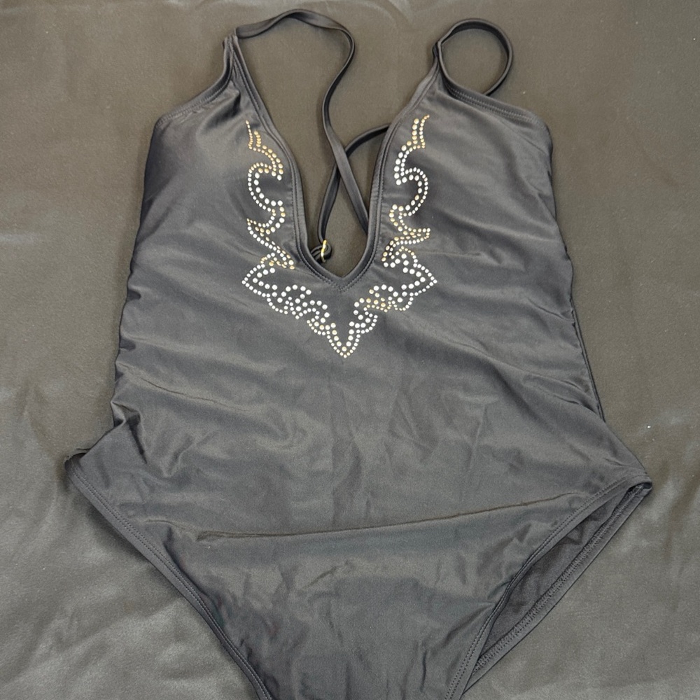 Wild Fable extra high leg extra cheeky Black Swimsuit with silver Accents size L